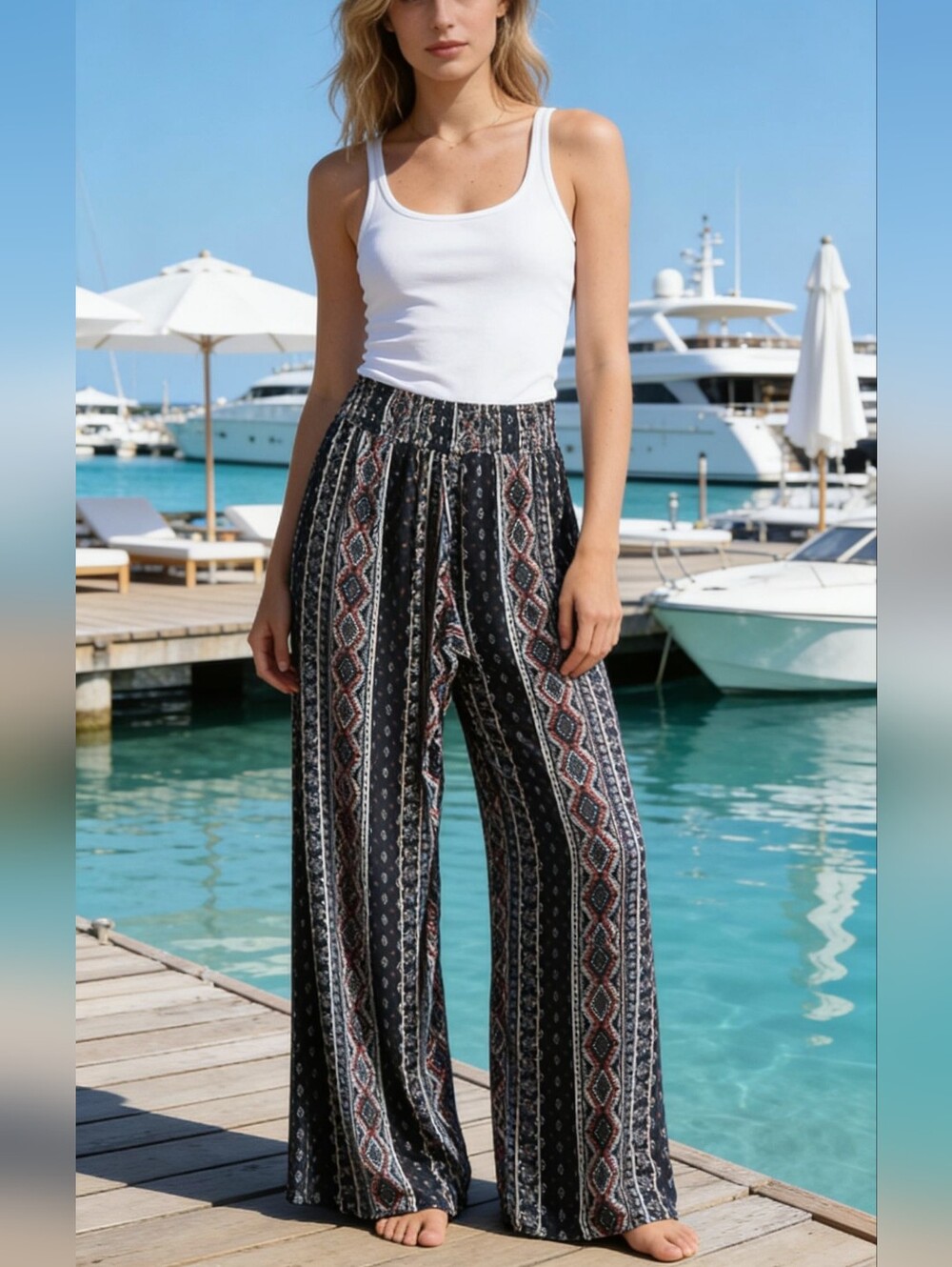 SKY & SPARROW Women's Palazzo Pants Wide Leg Smocked Waist Black Red XS